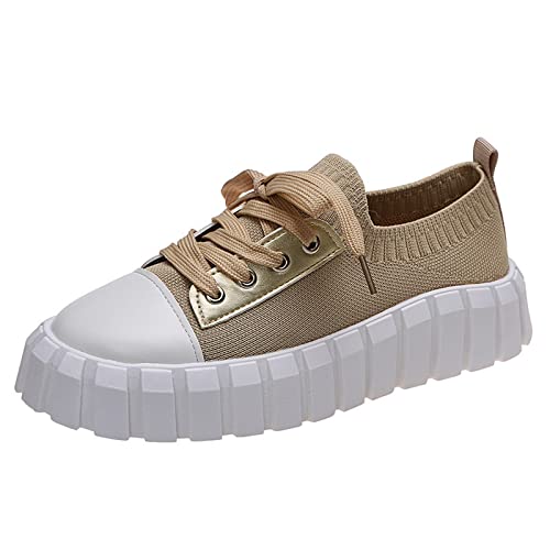 TEELONG Dam platta skor snörning mjuka sneakers bekväma lätta skor plattform färg solid mode sula dam sneakers, Khaki, 39.5 EU