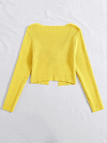 Image of Floerns Women's Tie Front Long Sleeve Rib Knit Shrug Sweaters Cardigan Crop Top Yellow M