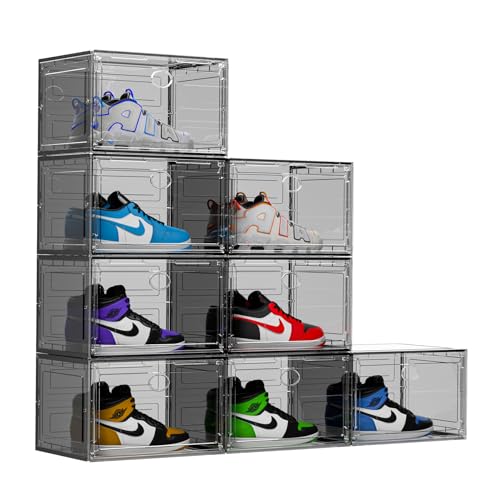 KEFA XL Shoe Storage Box Organizer, 8 Pack Shoe Boxes Clear Plastic Stackable, Sneaker Display Case Container Fit for US 13 (Side 8 PACK GREY)