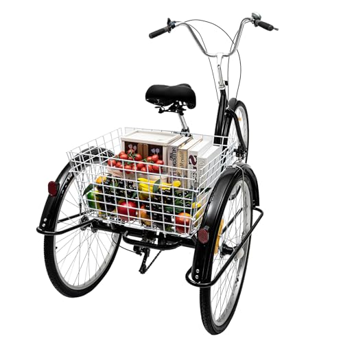 CHIMHOON 26 Zoll Dreirad Fahrrad,6-Gang 3 Räder Fahrrad mit Einkaufskorb,Schwarz/Weiß Dreirad für Erwachsene Senioren,Geeignet für Personen mit Einer Körpergröße von 5,4-6,07 Fuß (Schwarz)