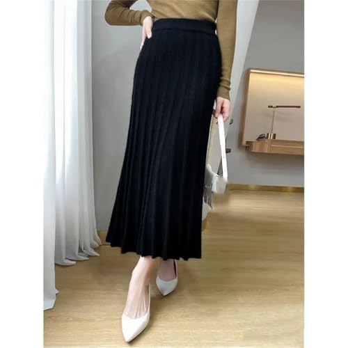 Solid Wool Mid-Length Knitted Skirt Women High Waist A- Line Skirt Large Flounce Um4