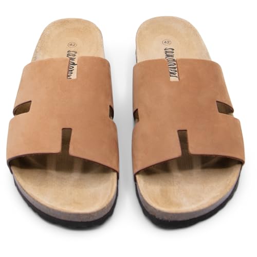 Image of Sandgrens Handmade Unisex Cork Slides | European Top Grain Leather Sandals with Soft Suede Footbed and EVA Rubber Sole | Avila
