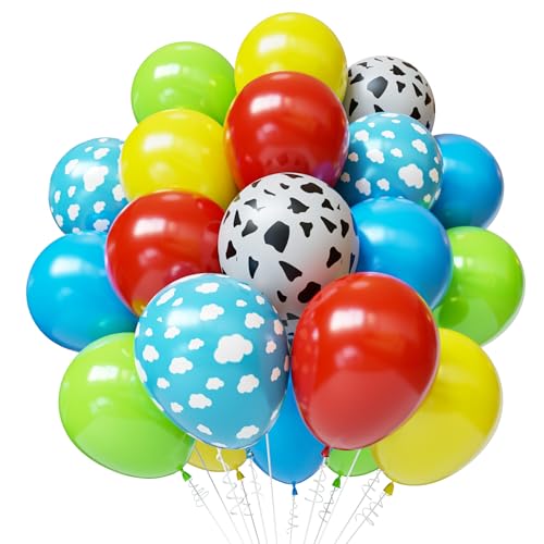 Red Blue Green Yellow Balloons 50pcs 12 inch Cow Print Sky Blue Cloud Red Blue Yellow Green Balloons for Kids Boys Brithday Party Supplies Baby Shower Party Decorations