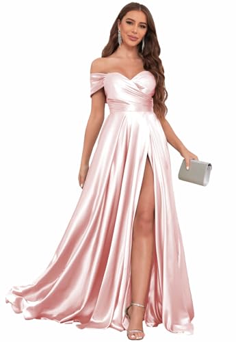 Image of SOLODISH Off The Shoulder Satin Prom Dresses for Women Long Formal Evening Party Dress with Slit