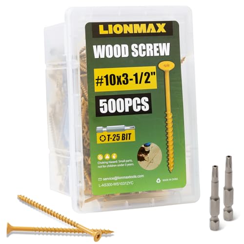 Image of LIONMAX Deck Screws 3-1 /2 Inch, Wood Screws #10 x 3-1 /2 inch, 500 PCS, Rust Resistant, Exterior Epoxy Coated for Outdoor /Fence, Torx /Star Drive Head, T25 Star Bit Included, Tan