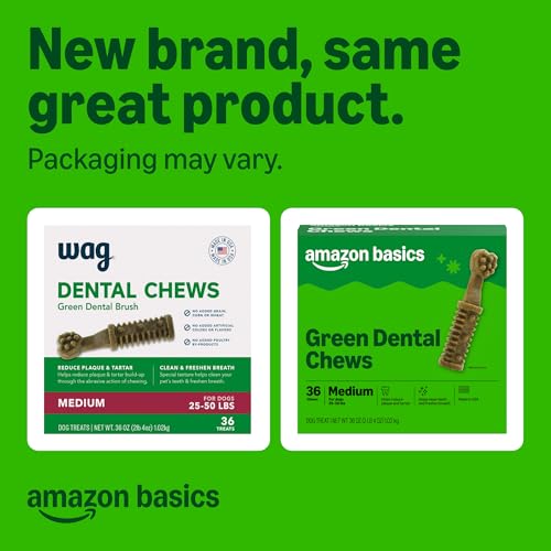 Image of Amazon Basics Dental Dog Treats to Help Clean Teeth & Freshen Breath for Medium Dogs, Unflavored, Per Pack: 36 Count, 2.25 pounds (Previously Wag)