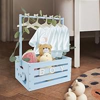 Baby Shower Crate Closet with 10 Hangers & Green Garland, Wooden Baby Basket with Handle Baby Storage Crate Hamper Decorative Baby Clothes Rack for Baby Shower Pregnancy New Parent Gifts(Blue)