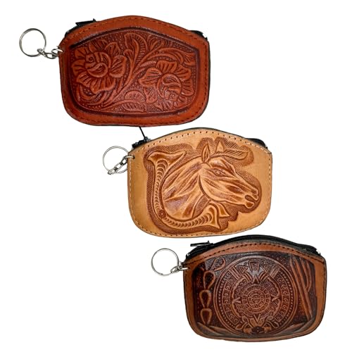 Mexican Leather Coin Pouch with Aztec designs in Assorted Colors 1pc | Monedero Mexicano de Piel con figuras Aztecas - MexART, Beige