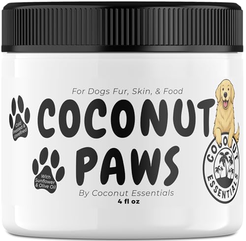 Coconut Essentials Coconut Paws - Dog Skin and Coat Itching Relief Hot Spot Treatment Hair Loss Cracked Paws Elbows Dry Nose | w/Organic Coconut Oil Olive & Sunflower Oils | Vet Recommended 4oz