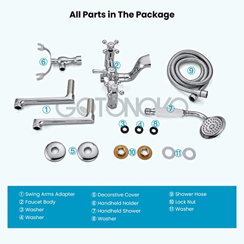 Gotonovo Polished Chrome Vintage Wall Mount Clawfoot Bathtub Faucet 1.8-17.4Inch Adjustable Center Double Cross Handle Shower Faucet System Telephone Shape With Lengthen Adapter Adjustable Swing Arms #TOP7