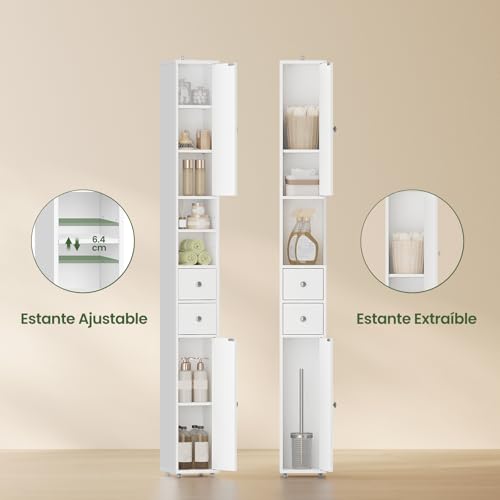 Miniatura 4 de Eugad Mueble Baño Estrecho, Armario Alto, Con Estantes Regulables En Altura, 20x20x180 Cm, Columna Baño Auxiliar 2 Cajones Y 2 Estantes Abietos, Blanco 0257wy