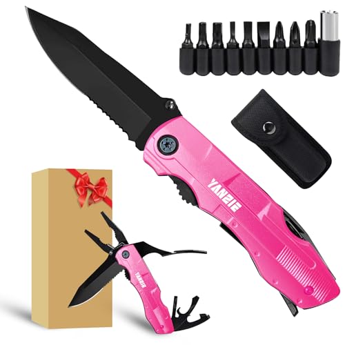Multitool Pocket Knife with Switch Blades, Can Opener, Wire Cutter, Plier Screwdrivers, Fishing Knife for Camping Hunting, Chrismas/Birthday Gifts for Men/Dad/Kids (Pink)