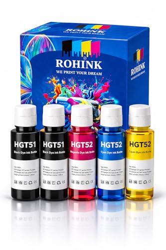 Image of ROHINK GT51 GT52 Ink Refill Dye Ink Compatible with HP Ink Tank 115, 310, 315, 319, 410, 415, 416, 419, 455, 500, 515, 530, 615, GT 5810, GT 5811, GT 5820 (Pack 5 (2*Black + 3* CYM))