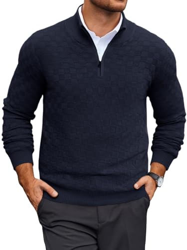 Runcati Mens Quarter Zip Pullover Sweater Casual Mock Neck Slim Fit Checkered Knitted Polo Sweaters