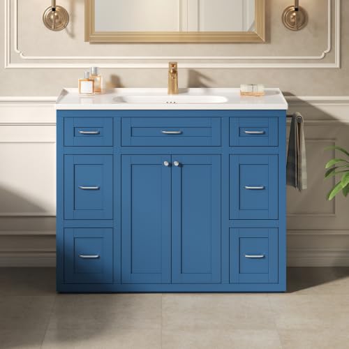 SOFTSEA 48 Inch Bathroom Vanity with Ceramic Sink, Freestanding Single Vanity Cabinet with Tip-Out Drawer, 7 Storage Drawers, Soft-Close Doors, Navy Blue