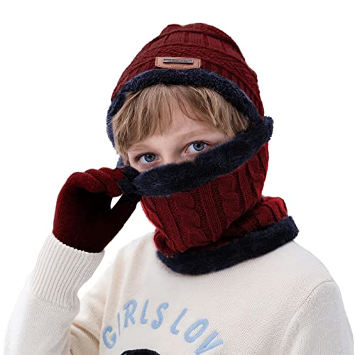 Image of 3Pcs Kids Winter Hat Knit Beanies Neck Warmer Scarf Gaiter and Toddler Touch Screen Mittens Gloves Set