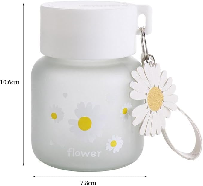 AZLVERA Daisy Glass Water Bottle, 350ml, Frosted Design with Flower Charm, Portable Mini Cup for Beverages, Hand Wash Only 1