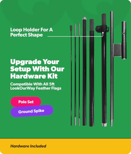 Image of LookOurWay Feather Flag Pole Kit - 7 Feet Tall Advertising Banner with Fiberglass Pole Set and Ground Spike for Business Promotion - Open Flags - Grand Opening Yellow & Red