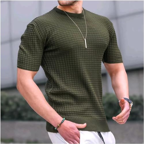 Mens Short Sleeve Knit Shirts, Lightweight Texture T Shirt, Long Plaid Jacquard Sweatshirt, Casual Hipster Pullover3