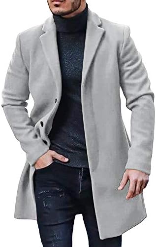 PASLTER Mens Trench Coat Slim Fit Notched Collar Fall Winter Single Breasted Pea Coat Warm Soft Overcoat