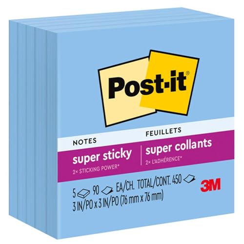 Post-it® Notas superadhesivas, 450 notas en total, paquete de 5 blocs, 3 x 3 pulgadas, azul zafiro, 90 notas por bloc