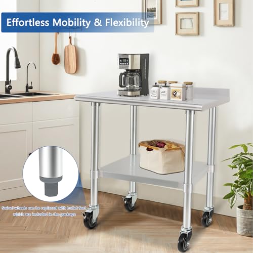 Image of HARDURA Stainless Steel Table 30 x 36 Inches with Wheels Casters NSF Heavy Duty Commercial Prep Table with 2 inch Backsplash and Adjustable Undershelf for Restaurant Kitchen Home and Hotel
