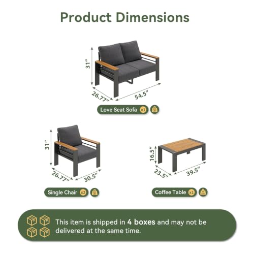 Image of Aoxun Patio Furniture Set, 4 Piece Aluminum Patio Sets with 5 inch Thicken & Washable Cushion, Waterproof Outdoor Furniture with Coffee Table, Outdoor Couch Sectional for Backyard, Porch and Garden