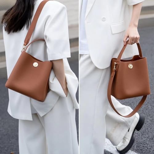 Genuine Leather Bucket Tote Bag for Women, Small Crossbody Bag and Trendy Shoulder Bag with Adustable Strap2