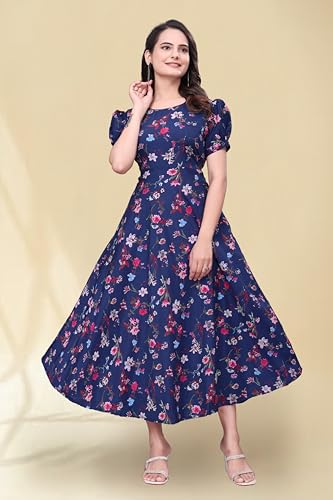 Image of Women's A-Line Crepe Maxi Dress | Stylish Fit and Flare Dress with Round Neck Short Puff Sleeves for Casual Wear