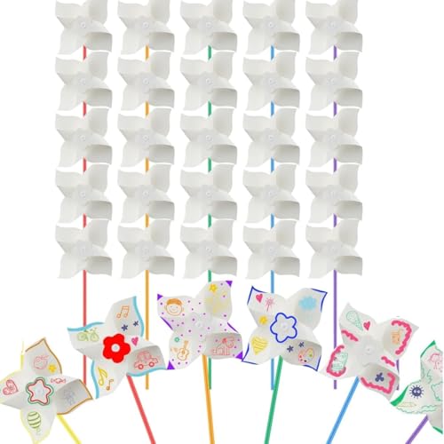 25 PCS Novelty DIY Pinwheels Craft for Kids Color Your Own White Pinwheels, Bulk Summer Spring Easter Craft Kit for Boys & Girls, Arts and Craft Party Activity, Easter Basket Stuffers（6 Inches）