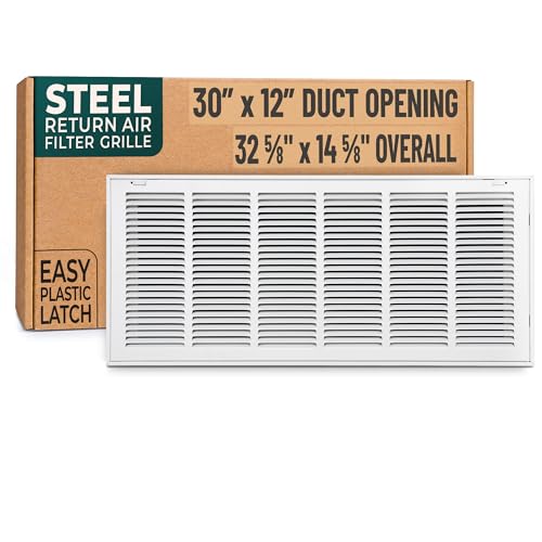 Fits 30x12 Duct Opening | Steel Return Air Filter Grille by Handua [Removable Door] for 1-inch Filters | Vent Cover Grill | White | Easy-to-Use Plastic Latches | Outer Dimensions: 32 5/8"W X 14 5/8"H