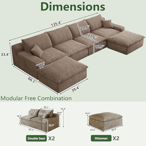 Image of 136 inch Cloud Couch Modular Sectional Sofa for Living Room, U-Shape Boneless Couch with Deep Seat, Modern Corduroy 4-Seater with Ottomans, No Assembly Required, Camel