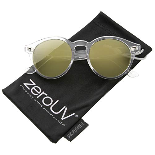 zeroUV Retro Translucent Frame Color Mirror Lens Round Horn Rimmed Sunglasses 50mm (Clear/Gold Mirror)