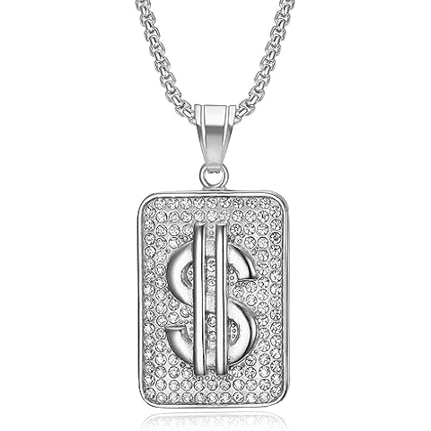 Fanshu Stainless Steel US Dollar Dog Tag Pendant Iced Out Bling AAA Zircon Money Sign Hip Hop Collar Chains Necklace for Men Women Couple Boyfriends Gift Fashion Jewelry (Steel Color) Cover