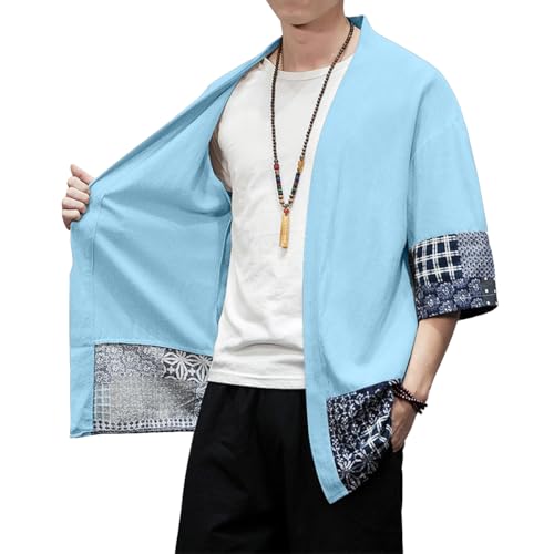 Image of PRIJOUHE Men's Kimono Jackets Cardigan Lightweight Casual Cotton Blends Linen Seven Sleeves Open Front Coat Outwear