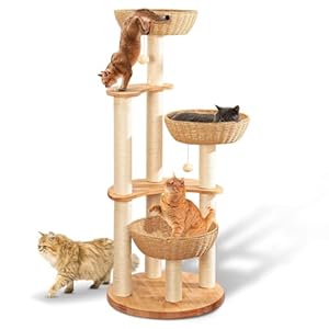 54″ Modern Cat Tree Tower for Indoor Cats, Oak Cat Scratching Tree for Multiple Large Cats, Manual Hand Woven Luxury Cat Condo, Unique High-end Design Cat Furniture Activity Centre, Easy Clean