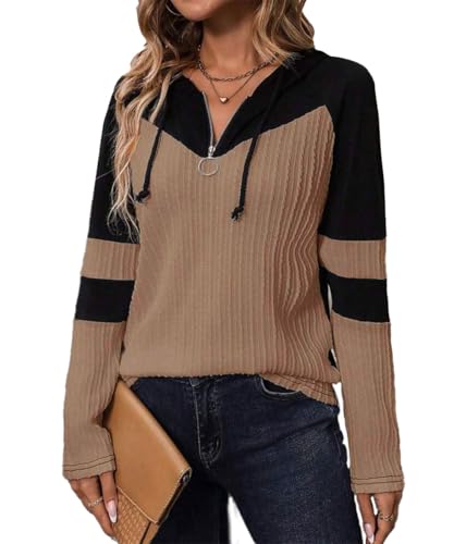 GRMLRPT Kapuzenpullover Damen Hoodie Langarm V Ausschnitt Pullover Sweatshirt mit Kapuze Color Block Drawstring Top L&auml;ssig(Khaki,M)