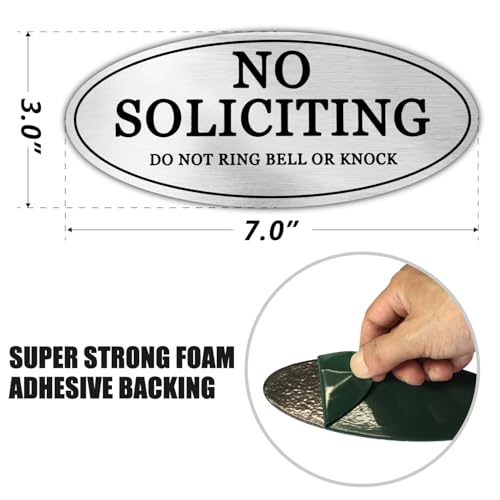 Anley 2 Pack No Soliciting Sign for Door 7x3 IN - Strong Self-Adhesive Brushed Aluminum Metal No Solitation Do Not Knock or Ring Bell Signs - Weatherproof Warning Sign for Home, House & Office Entry