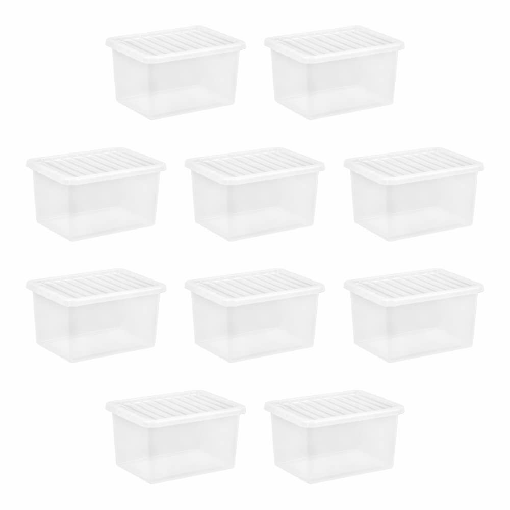 M1ss Clear (Set Of 10) - 25L Litre Plastic Storage Box With Crystal Lids Home Office Stackable Nestable Container Made In U.k, (25L Litre)