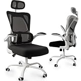 Devoko Ergonomischer Bürostuhl, Schreibtischstuhl mit Lendenwirbelstütze, Verstellbarer Kopfstütze, Netzstuhl mit Atmungsaktiver Rückenlehne, Computerstuhl mit klappbaren armlehnen, Drehstuhl Weiß