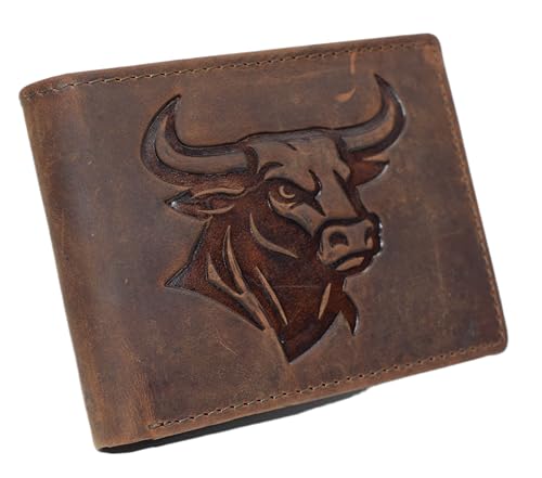 MARSHAL Genuine Leather RFID Bifold Wallet for Men Western Bull Design Rustic Cowboy Wallet (Brown)
