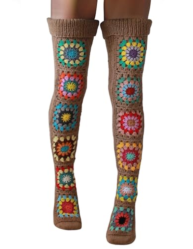 Image of Leoparts Crochet Thigh High Socks Granny Square Over Knee High Retro Knitted Stocking Colorful Leg Warmers