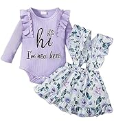 Borlai Newborn Baby Girl Floral Suspender Skirt Outfits Long Sleeve Ruffle Romper Dress Clothes Set