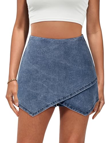 luvamia Wrap Skort for Women Denim Shorts Country Concert Outfit Jean Elastic Waist Shorts Women Mini Denim Skort Classic Blue Large Fits Size 12 / Size 14