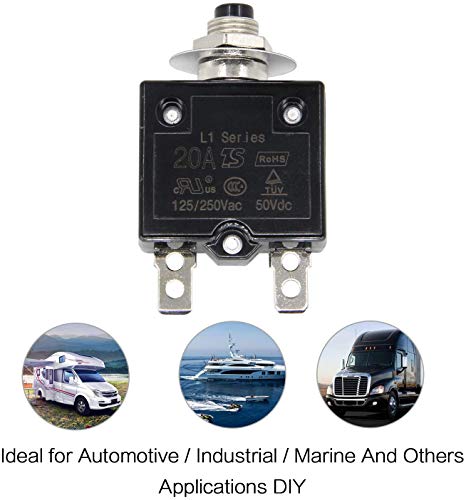 Rkurck Thermal Circuit Breaker 20 Amps, Thermal Overload Protector L1 Series 125-250V Ac 50V Dc Push Button Manual Reset Circuit Breaker 20A 2 Pcs #TOP6