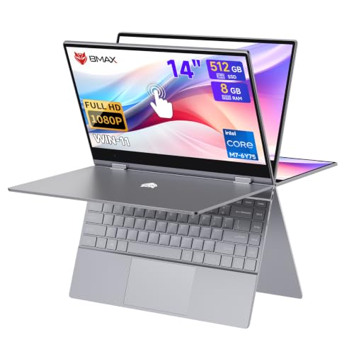 Migliori PC portatili 2 in 1 BMAX 2 in 1 Notebook 14,1 Pollici PC Touch Screen Core M7-6Y75 8GB RAM 512GB SSD Convertibile 360° Computer Portatile Win 11, 1920x1080 IPS Bluetooth Type C Tastiera Retroilluminata