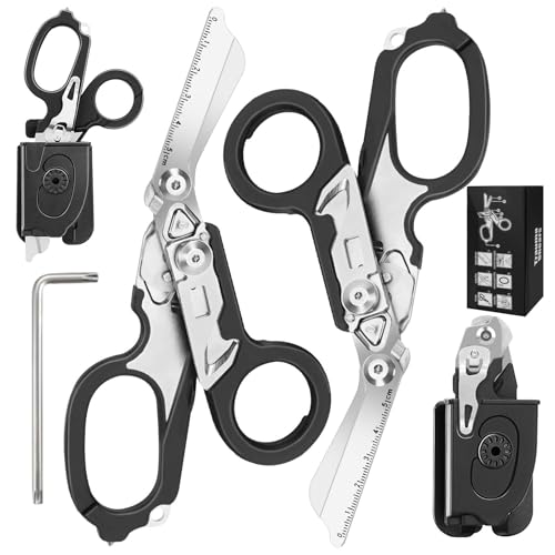 Kevanry 2er Pack 6-in-1 Trauma Schere mit Holster, Multifunktionale Rettungsschere mit Gurtschneider & Glasbrecher für Outdoor, Camping, Rettungsdienst, Erste Hilfe, Überlebenswerkzeuge - Schwarz