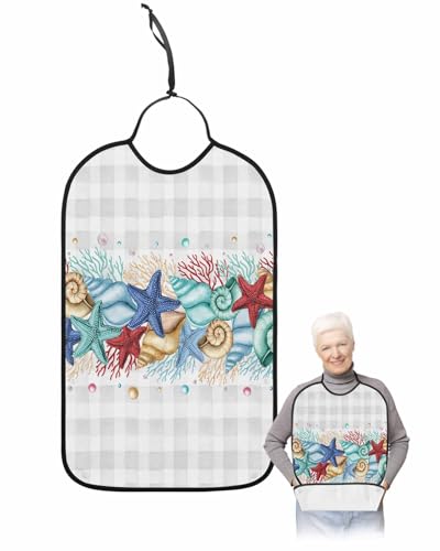 LEOKOTI Grey Plaid Coastal Adult Bibs for Eating, Waterproof Bibs with Food Catcher & Snap Closure, Nautical Starfish Coral Shell Beach Ocean Washable Clothing Protectors Adult Bibs for Elderly