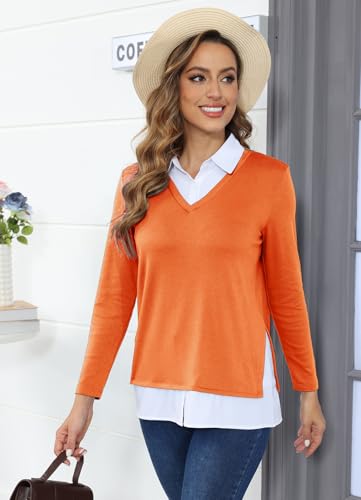 Image of Vldnery Womens Fall Winter Sweater 2025 Trendy Clothes Oversized V Neck Long Sleeve Shirts 2 in 1 Outfit Casual Pullover Tops