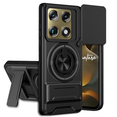 Image of Motorola Moto Signature 5G Back Cover | Armor Camera Slider 360 Degree Rotating Finger Ring Holder Case with Bracket Stand Back Case Cover (Compatible with MagSafe Accessories) (Black)